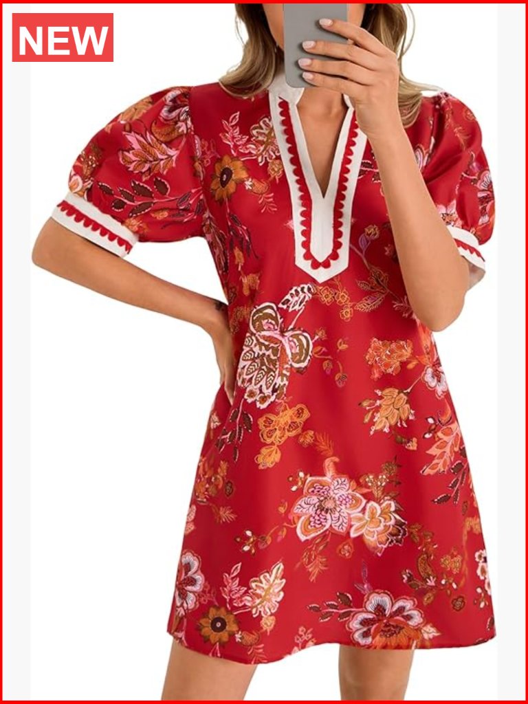 Summer Mini Dress With Puff Sleeves V Neck Floral Print Pockets